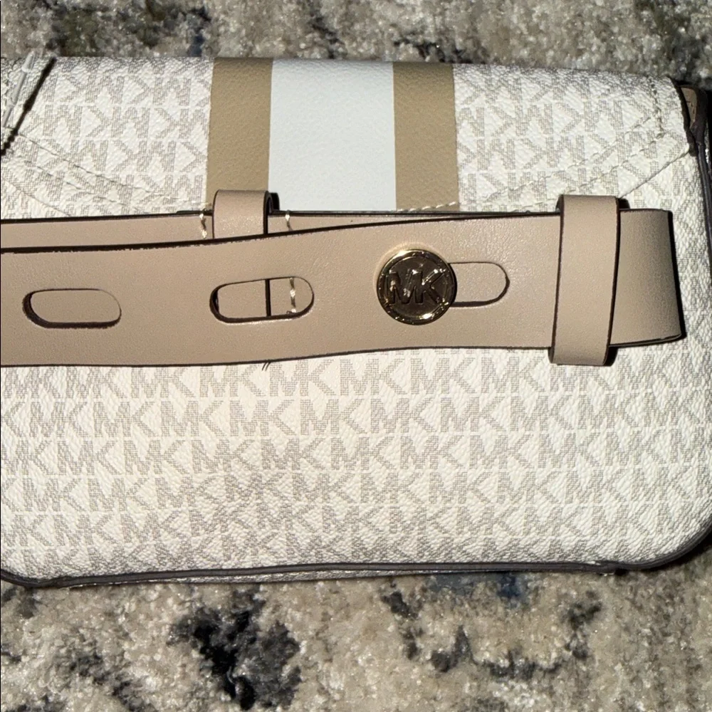 Michael Kors White and Taupe Monogram Crossbody Belt Bag
